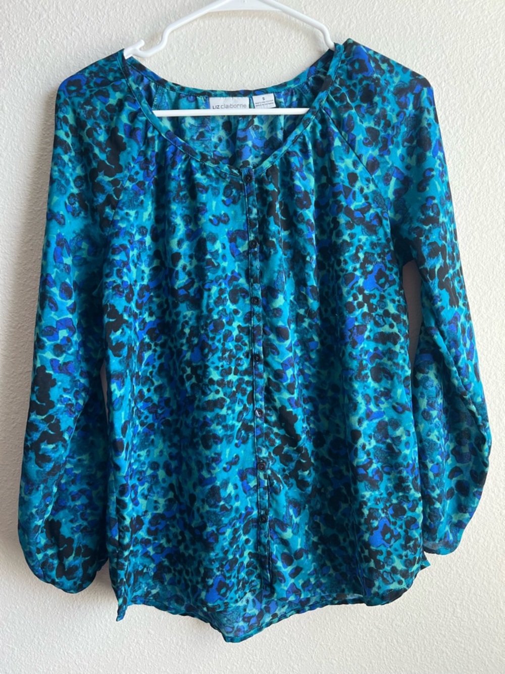 Liz Claiborne Teal and Blue Printed Long-Sleeve Blouse